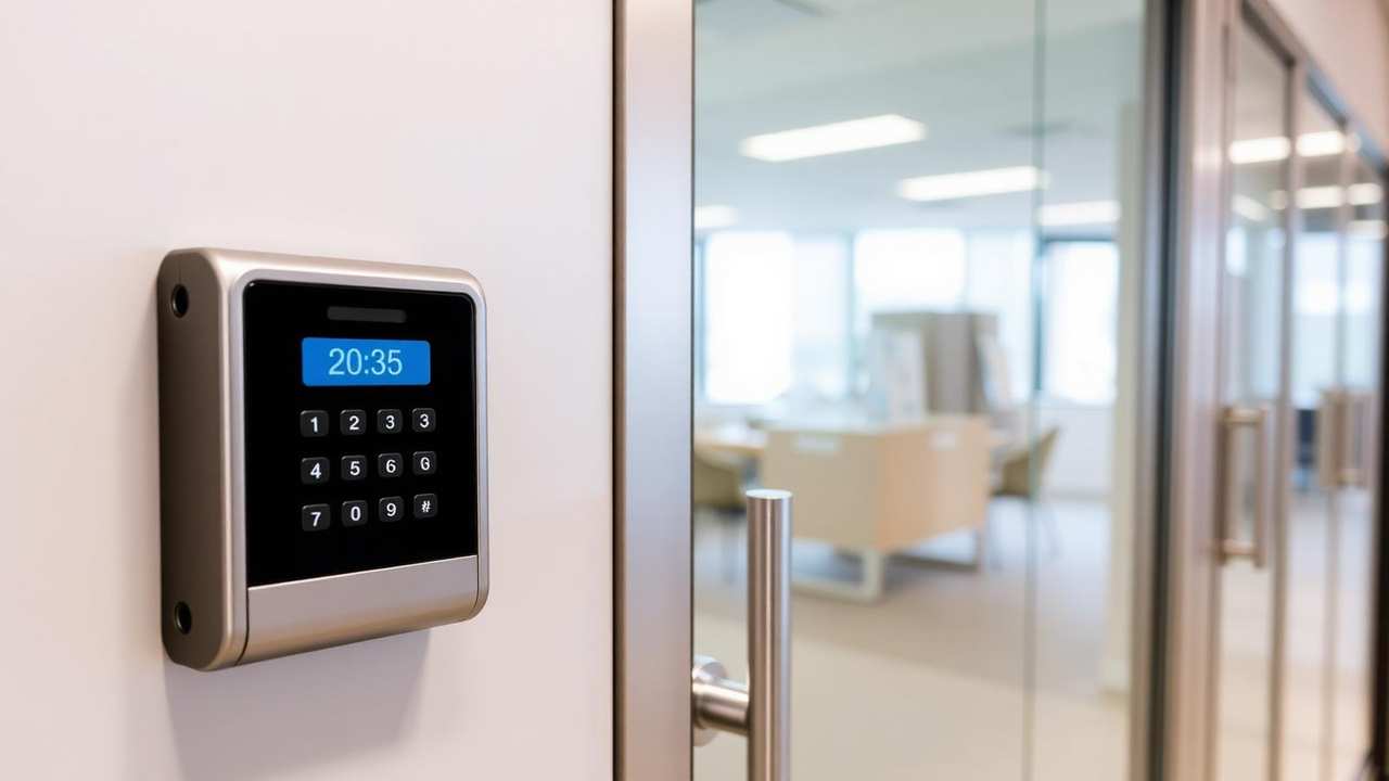 Finished access control keypad and card reader installed beside a modern commercial glass office door