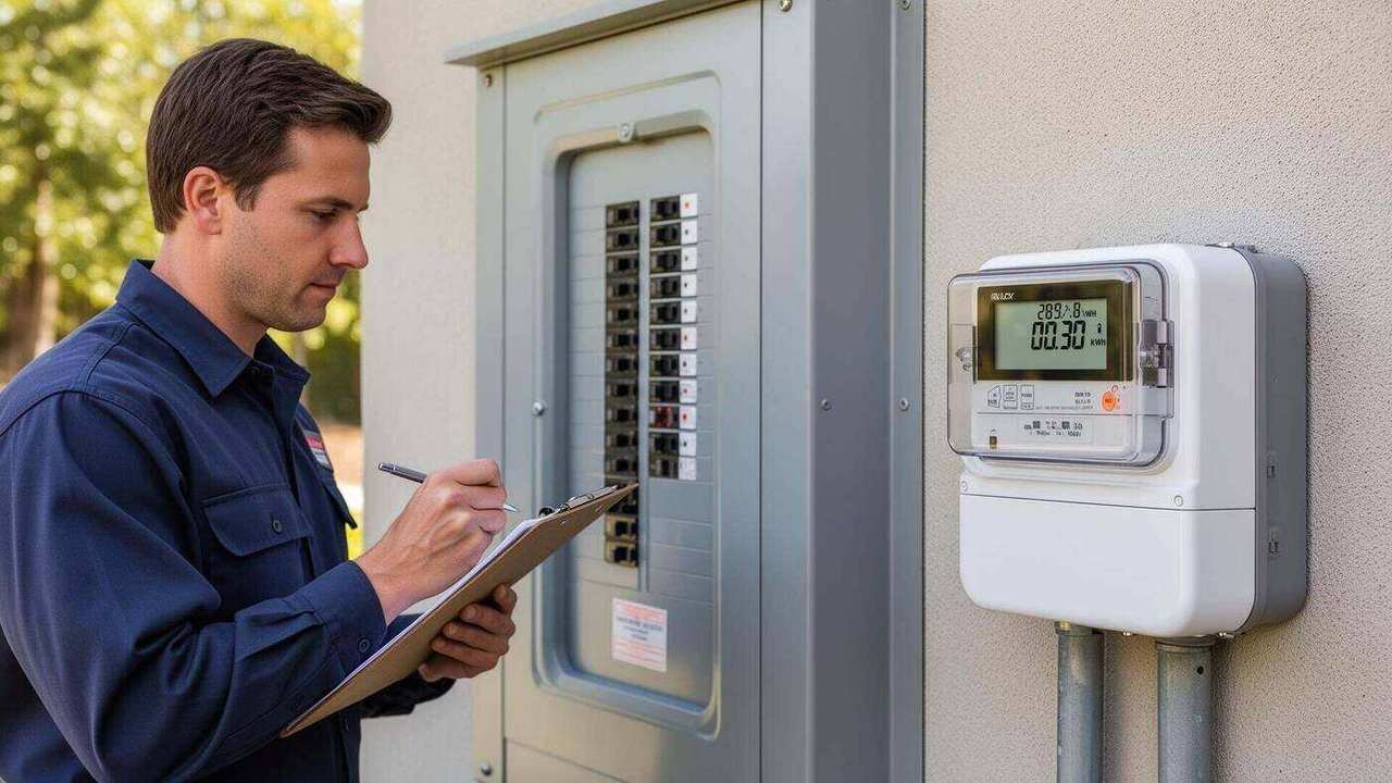 Electrician using a digital multimeter to test an open electrical panel during an inspection