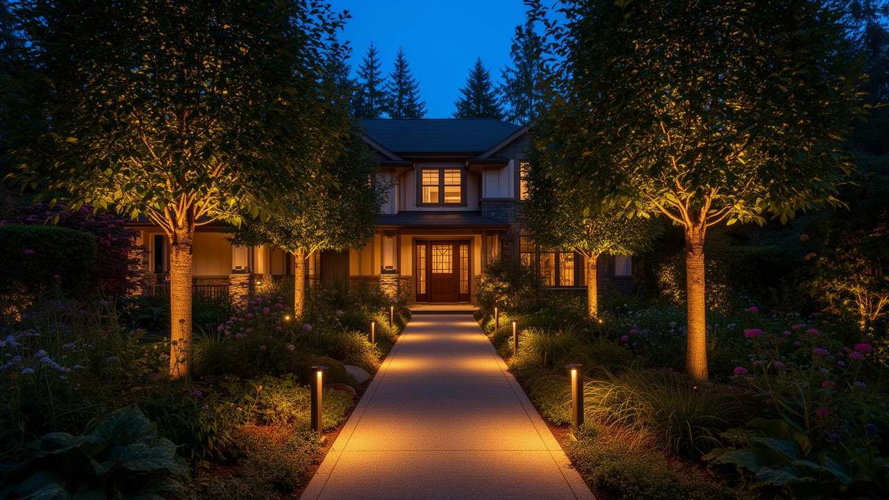 Warm low-voltage landscape path lights and tree uplighting illuminating the front walkway of a Salem, Oregon home at dusk