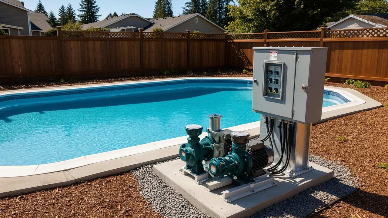 Backyard in-ground pool in Salem, Oregon with a code-compliant equipment pad showing a bonded pump and an electrical sub-panel