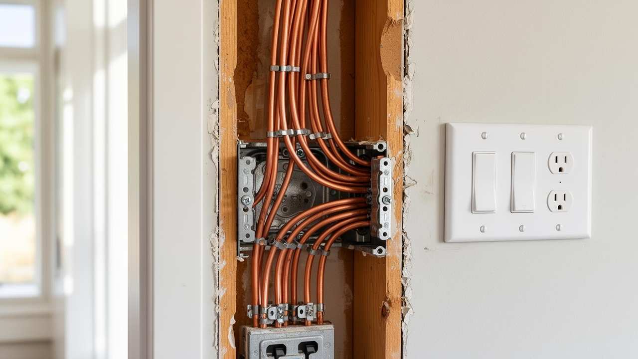 Open wall cavity in a Salem, Oregon home showing brand-new copper Romex wiring neatly routed to fresh outlet boxes during a whole-home rewire