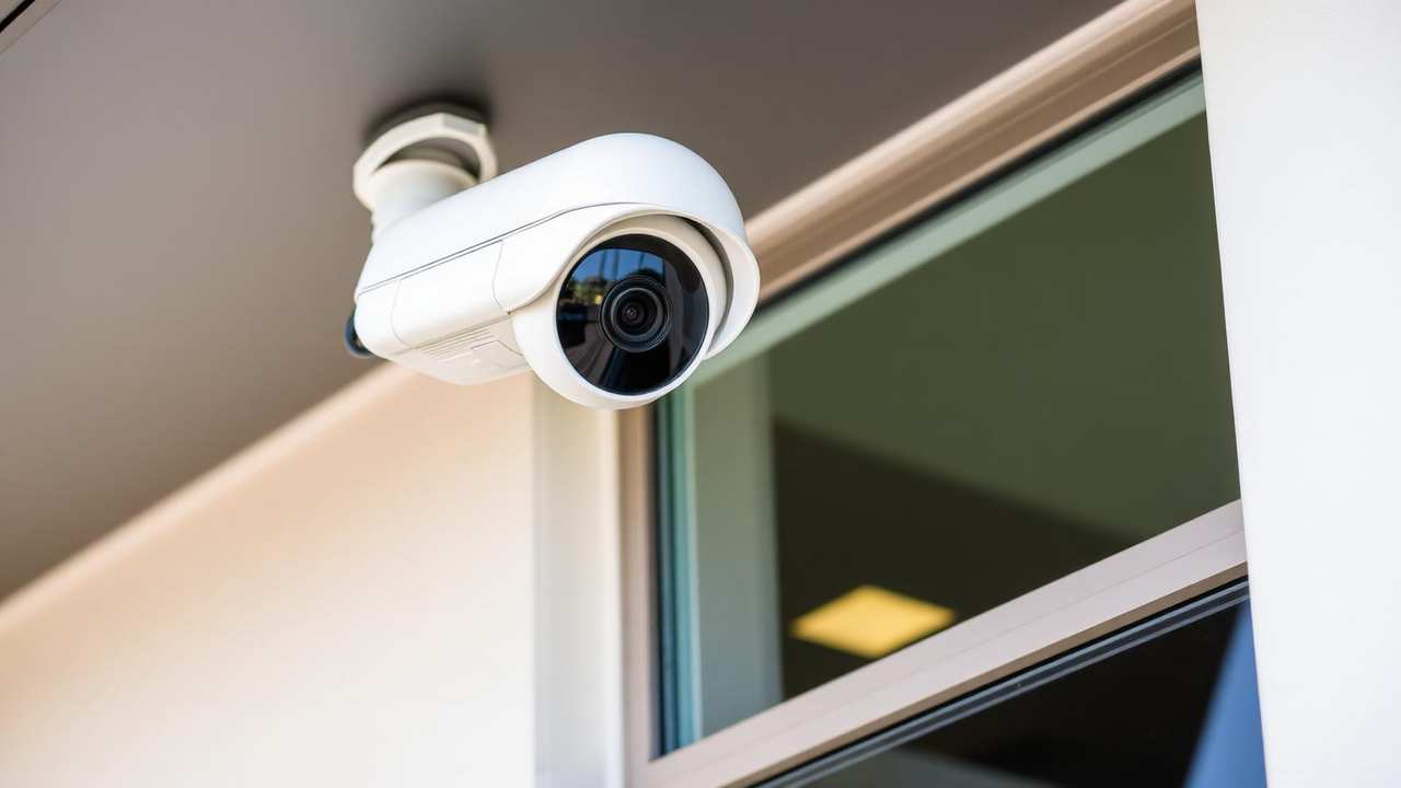 Finished installation of a modern white security camera mounted under the eave of a commercial building