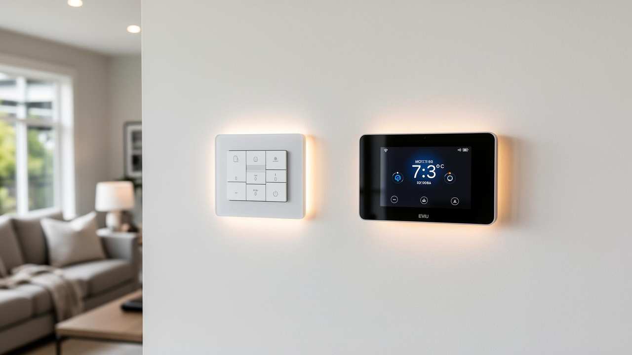 Finished smart light switch panel and smart thermostat installed cleanly on a wall in a modern Salem, Oregon living room